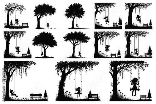 Silhouettes of girls on swings under trees with benches