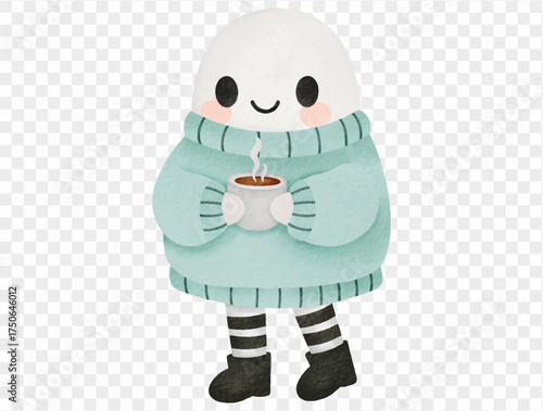 Watercolor ghost in mint sweater holding coffee cup cute cozy Halloween vector.