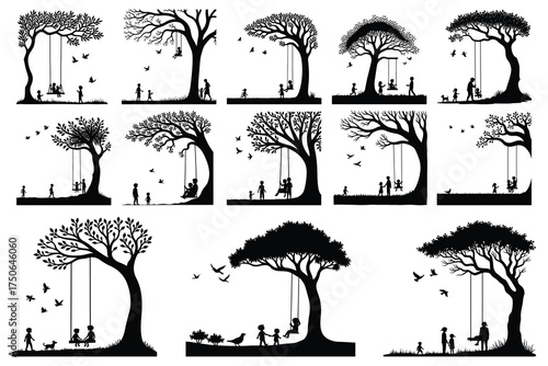 Black silhouette of trees with children and swings