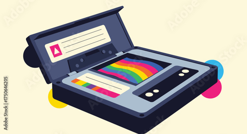 An artistic representation of a retro portable printer displaying vibrant rainbow colors on its screen.
