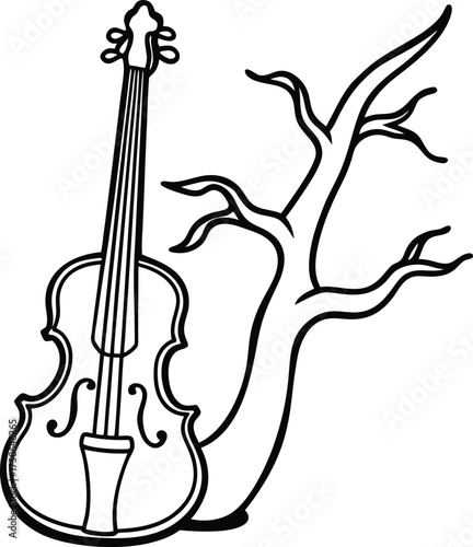 Violin Merging with Tree Trunk Line Art Illustration