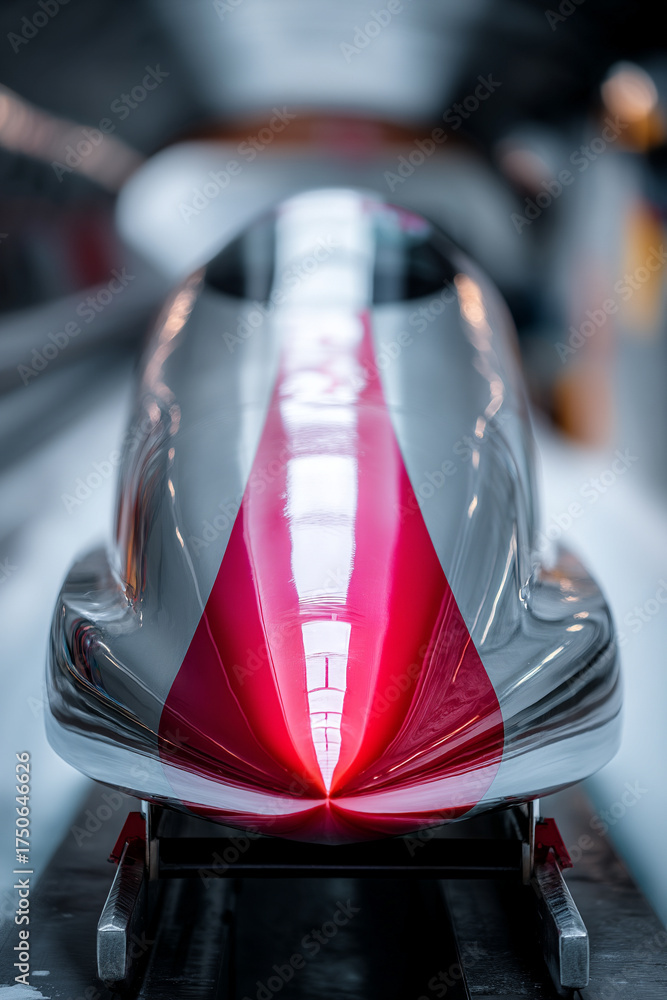 Obraz premium A close-up of a bobsleigh runner, perfectly polished and sharp, resting on a stand, emphasizing the precision tools of the sport.