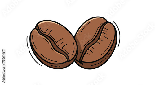 Close up of two roasted coffee beans with a white background and subtle motion lines.