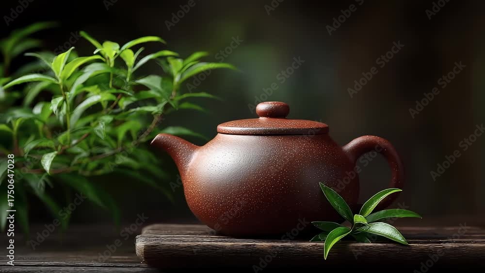 The harmonious artistic conception of purple clay teapot and green plants in a quiet tea room