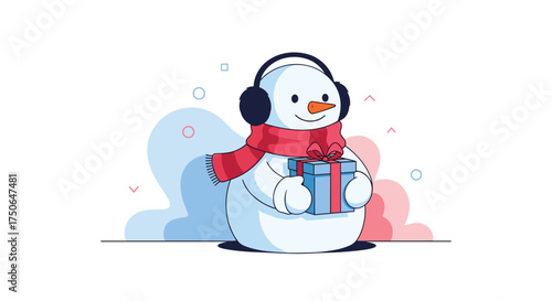 A cheerful snowman with earmuffs and a red scarf holds a wrapped gift box with a blue ribbon.