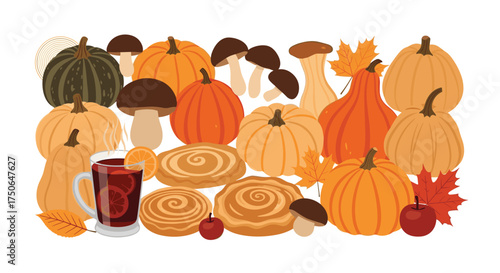 A bountiful harvest of pumpkins mushrooms and spiced drinks celebrates the autumn season.