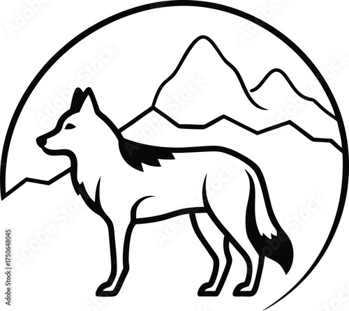 Wolf Silhouette with Mountain Inside Line Art Illustration