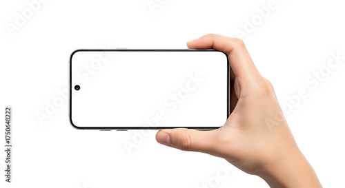 Hand holding a modern smartphone horizontally with a blank white screen, isolated on transparent background