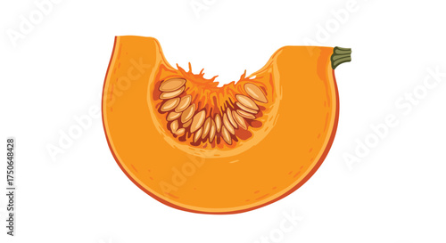 A delicious slice of bright orange pumpkin with visible seeds and fibrous interior.