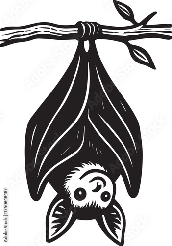 A cute, cartoon bat hanging upside down from a tree branch, perfect for projects.