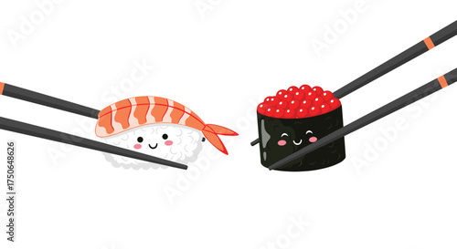 Cute shrimp and salmon roe sushi with chopsticks.