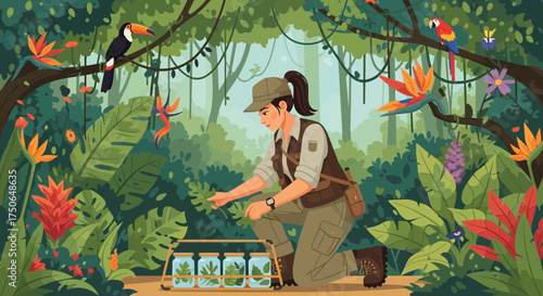 Botanist Exploring the Amazon Rainforest, Collecting Plant Specimens for Research