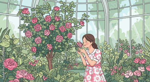 Illustration of a girl enjoying the fragrance of roses in a botanical garden