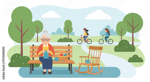 Serene Afternoon in the Park: An Elderly Woman Knitting as Children Cycle Past