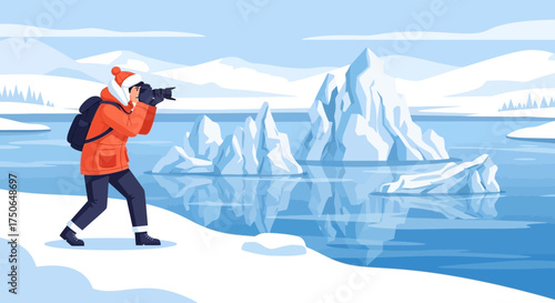 Photographer capturing icy landscape reflections in winter wonderland scene