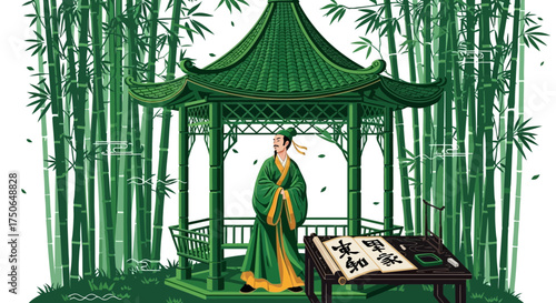 Scholarly pursuit: A sage in a verdant bamboo grove, symbolizing deep thought