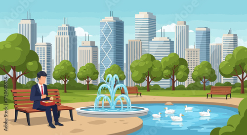 Urban oasis, businessman enjoying lunch in city park amidst towering skyscrapers