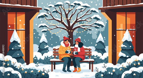 Winter Serenity: Couple Enjoying Hot Drinks on Snowy Bench with Festive Lights