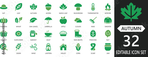 A cozy solid icon set representing autumn leaves, fall nature, and seasonal beauty. Perfect for apps, websites, presentations, and stock platforms needing warm seasonal visuals.