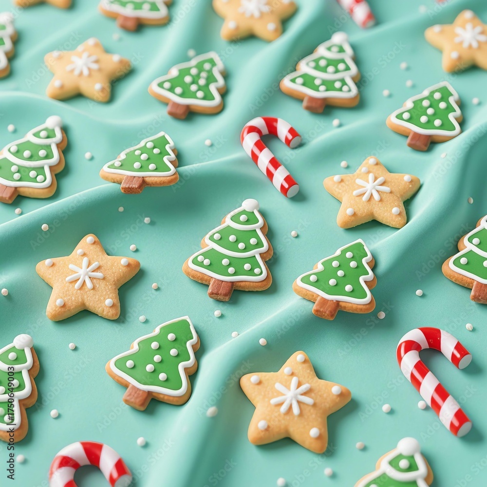Naklejka premium Photorealistic mint green fabric with 3D Christmas cookies (star with white sprinkles, tree with green icing) and glossy red-white candy canes, soft folds, realistic textures, subtle shadows