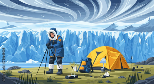 Arctic Photographer Capturing the Glacial Beauty with Camping Gear near the Ice Wall