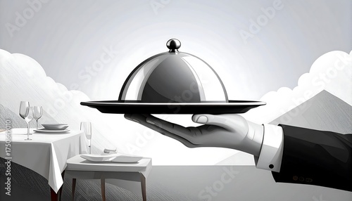 Elegant hand presenting a covered dish on a table