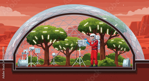 Human outpost on mars, astronaut operating scientific equipment inside a dome habitat