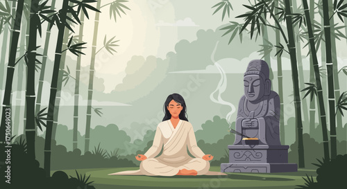 Zen moment: Peaceful meditation amidst the whispering bamboo grove and stone deity