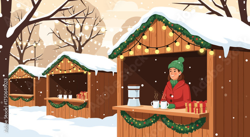 Cheerful woman at a Christmas market stall in a snowy winter scene illustration