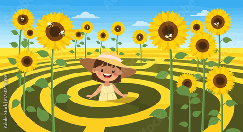 Whimsical sunflower garden maze adventure with a smiling girl and buzzing bees