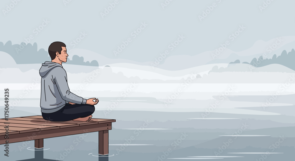 Fototapeta premium Man meditating on a wooden pier, finding inner peace amidst a serene nature backdrop