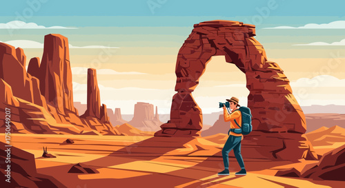 Scenic desert vista featuring an adventurer capturing the grandeur of nature