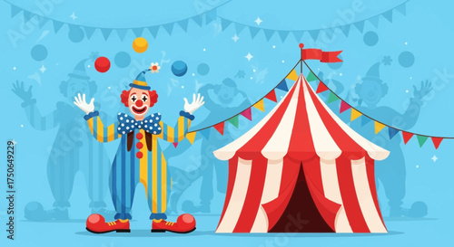 Festive carnival fun with a juggling clown and a colorful striped tent