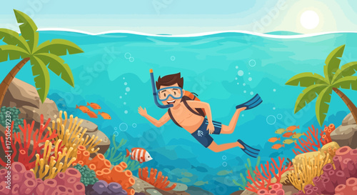 Animated scuba diver exploring vibrant coral reef ecosystem in clear ocean water