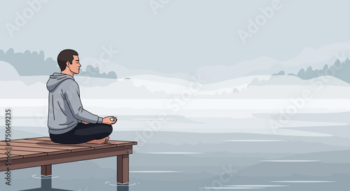 Man meditating on a wooden pier, finding inner peace amidst a serene nature backdrop