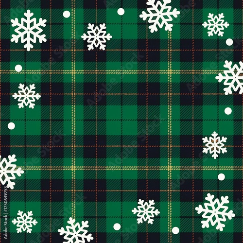 Photo-realistic red, green, brown, black checkered pattern with original grid and rounded-edge snowflakes 10% smaller