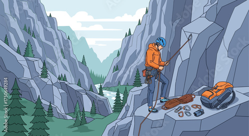 Climber preparing for ascent on rocky cliffside with scenic mountain vista