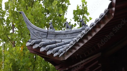 Raindrops dripped from the roof tiles
