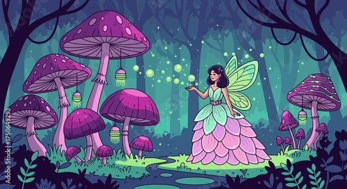 Enchanted fairy realm, illustrated whimsical woodland scene with magical mushrooms