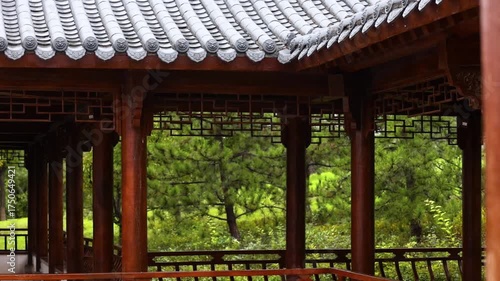 Raindrops dripped from the roof tiles