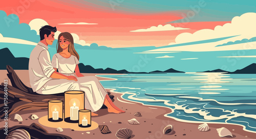 Romantic beachside rendezvous at sunset with candles and seashells creates serenity