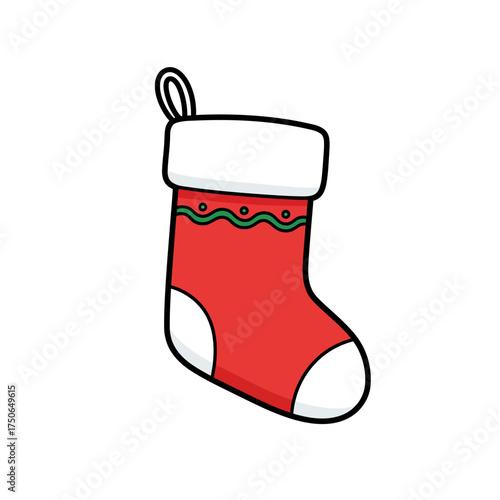 A festive cartoon illustration of a red Christmas stocking with white trim and details.
