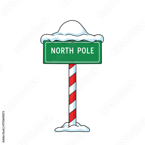 A cartoon illustration of a North Pole signpost covered in snow, isolated on white.