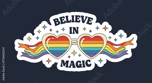 Believe in magic rainbow heart shaped sunglasses with flowing ribbons and stars.