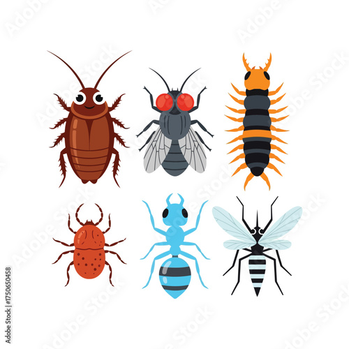 Collection of six common household and garden insect pests illustrations isolated vector