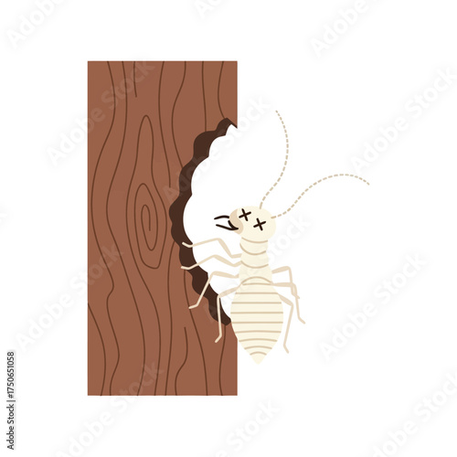 Termite eating wooden plank damaging furniture structure insect pest control concept vector