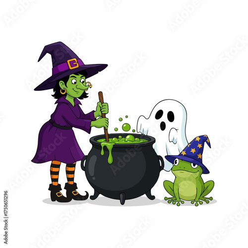 Cartoon witch stirring a cauldron with ghost and frog.