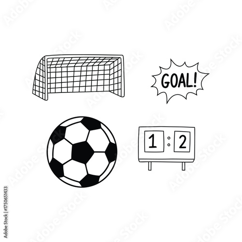 Hand drawn soccer icons goal ball scoreboard celebration elements vector
