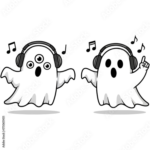Two cartoon ghosts wearing headphones and dancing to music.