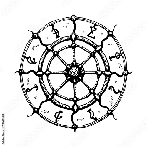 Obraz na plátně Stylized compass rose with archaic glyphs illustration invoking nautical history